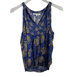 Rose + Olive Blue Paisley Floral Sleeveless Tassel Tie V-Neck Rayon Top Small